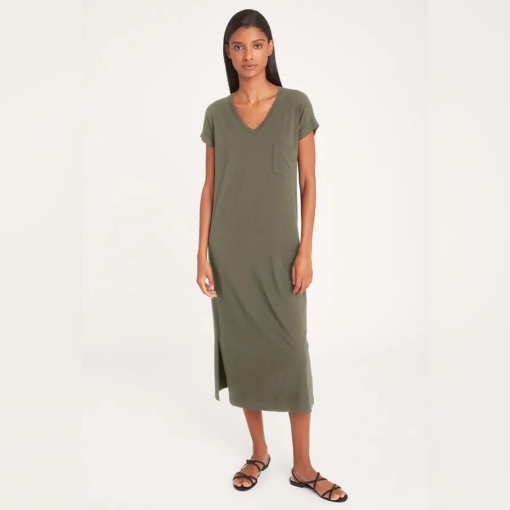 Cuyana Pima‎ Cotton V-Neck Midi Dress women’s Sz L Olive green